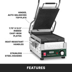 Waring WPG200 Panini Grill – Ribbed Plates, 7.75" x 12.5" Commercial Grill