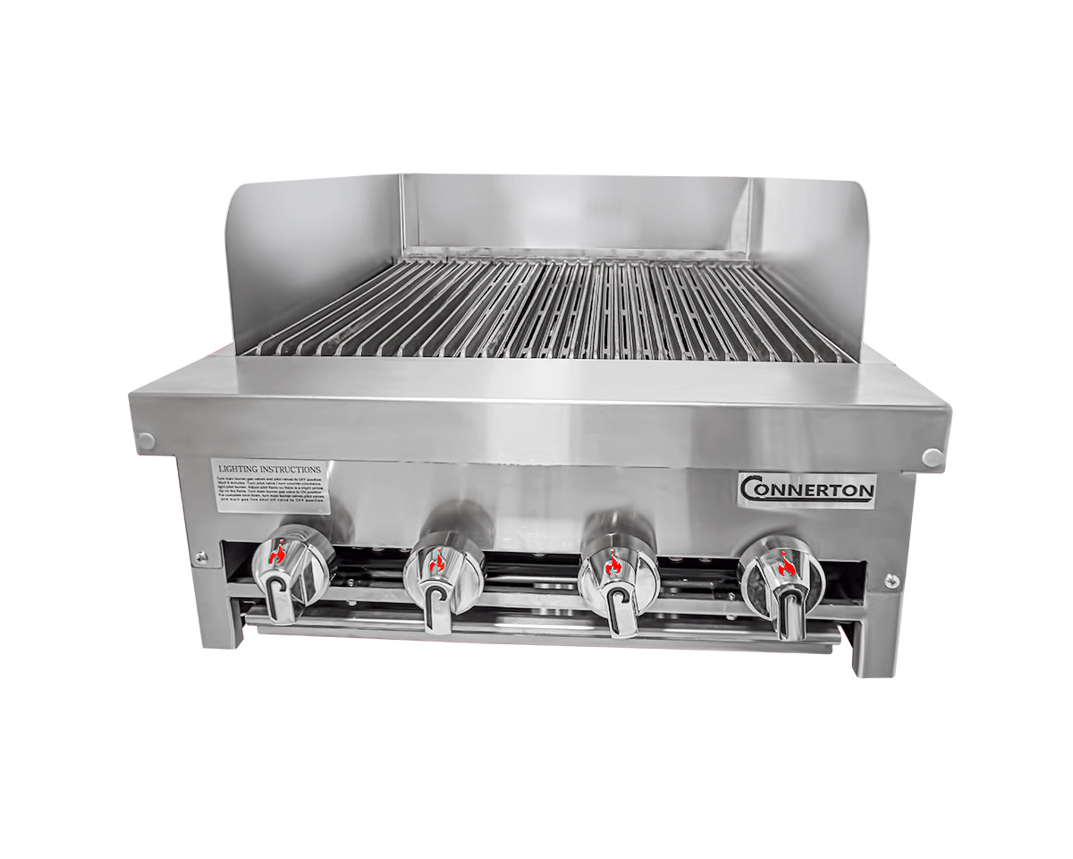 Connerton CRB-24-S Charbroiler, countertop, gas, 24"W, cast iron radiants & top grates with grease flow channels, manual controls, 48,000 BTU, NSF