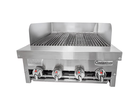 Connerton CRB-36-S Charbroiler, countertop, gas, 36"W, cast iron radiants & top grates with grease flow channels, manual controls, 72,000 BTU, NSF