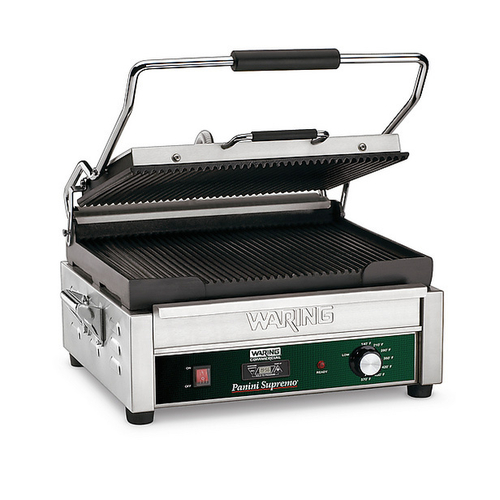 Waring WPG250T Panini Supremo Grooved Top & Bottom Panini Sandwich Grill with Timer 14 1/2" x 11" Cooking Surface 120V 1800W