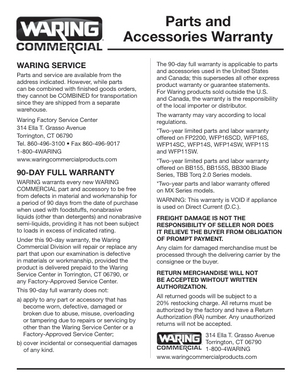 Waring CAC95 Parts Accessories Warranty