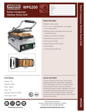 Waring WPG200 SpecSheet