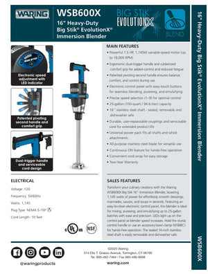 Waring WSB600X SpecSheet