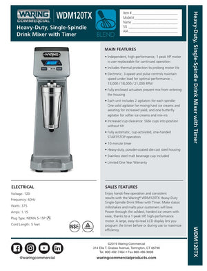 Waring WDM120TX SpecSheet