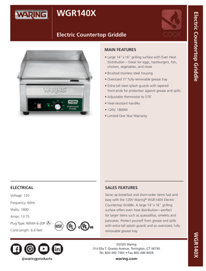 Waring WGR140X SpecSheet