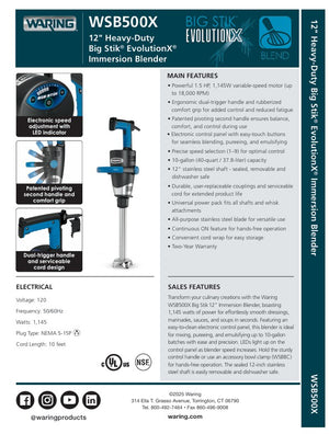 Waring WSB500X SpecSheet