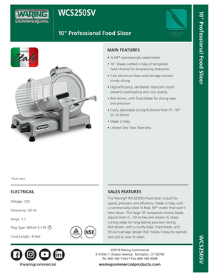 Waring WCS250SV SpecSheet