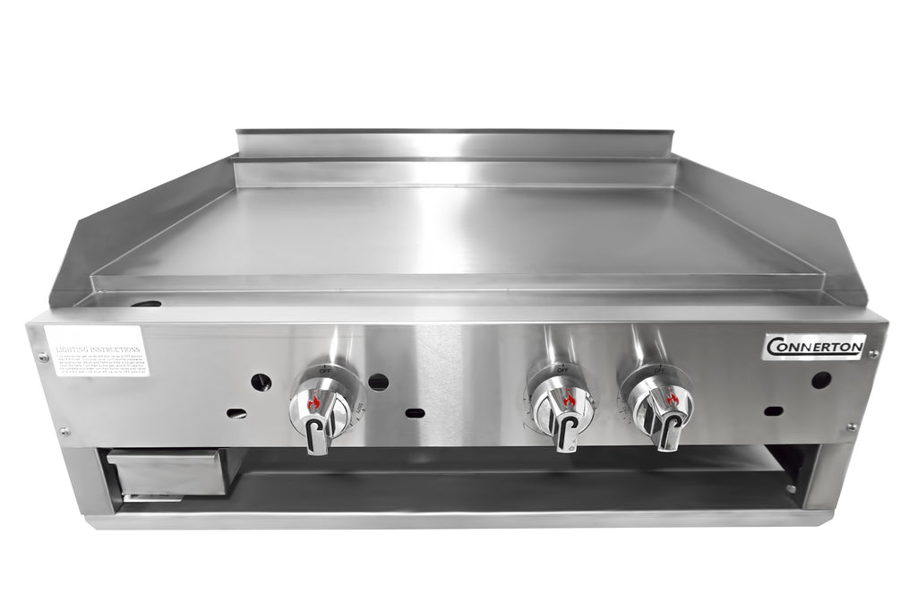 Connerton CG-36-T Griddle  1", countertop, gas, 36"W x 32"D x 1" thick highly polished steel griddle plate, (3) thermostatic controls, 90,000 BTU, NSF