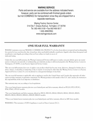 Waring CTS1000 Product Warranty Sheet