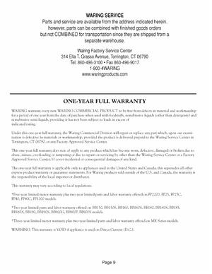 Waring MX1000XTX Warranty Sheet