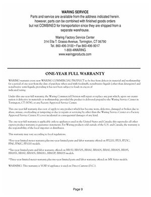 Waring WSB40 Warranty Sheet