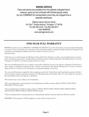 Waring WCO500X Warranty Sheet