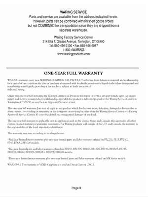 Waring WCT800 Warranty Sheet