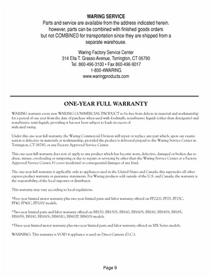 Waring WFG250 Warranty Sheet