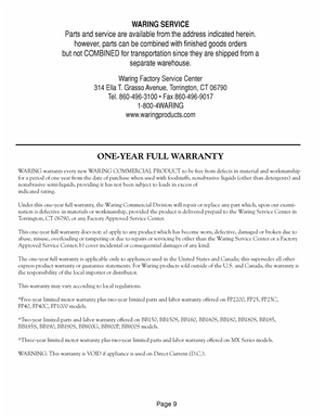 Waring WDF75RC Warranty Sheet