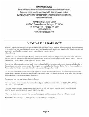 Waring WSG60 Warranty Sheet