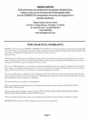 Waring WW200 Warranty Sheet