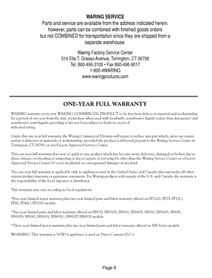 Waring WFP14S Warranty Sheet