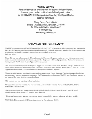 Waring WGR240X Warranty Sheet