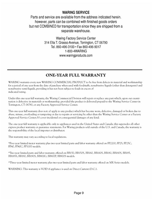 Waring WDH10 Warranty Sheet