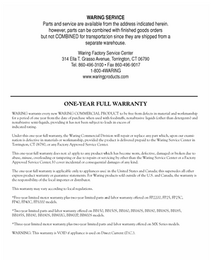 Waring CB15T Warranty Sheet