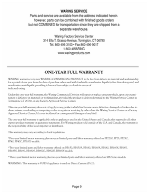 Waring WKS800 Warranty Sheet