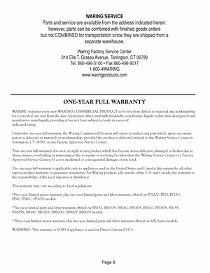 Waring WPG150 Warranty Sheet