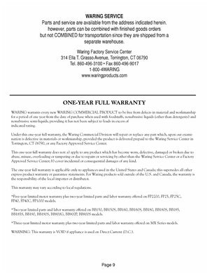 Waring WWCM180 Warranty Sheet