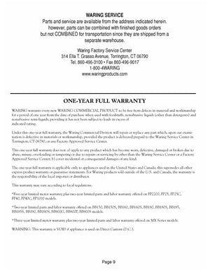 Waring WSC160X Warranty Sheet