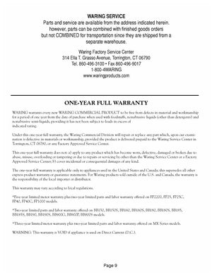 Waring WSB35 Warranty Sheet