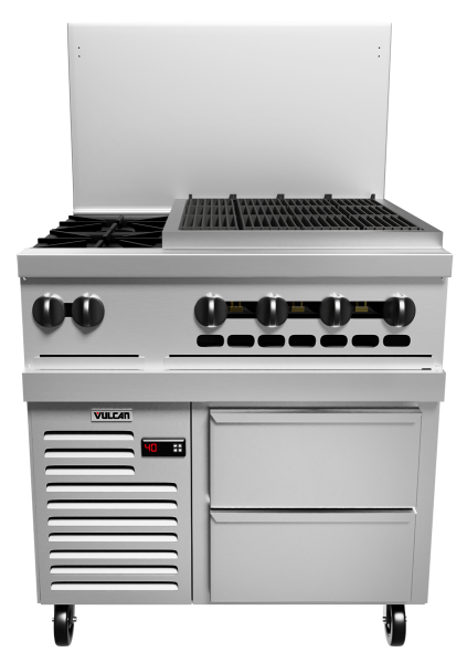 Vulcan 36R-2B24CB Endurance 36" 2 Burner Gas Range, 24" Charbroiler - Refrigerated Base