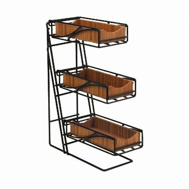 Cal-Mil 1235-13-60 3-Tier Metal Flatware / Condiment Display with Bamboo Bins, Black Wire Frame