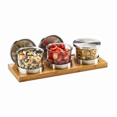 Cal-Mil 1850-4-60 Mixology Bamboo Three 16 Oz. Jar Horizontal Display with Metal Lids, Stainless Steel