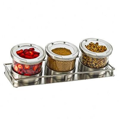 Cal-Mil 1850-5-55HL Mixology Stainless Steel Three 32 Oz. Jar Horizontal Display with Hinged Lids