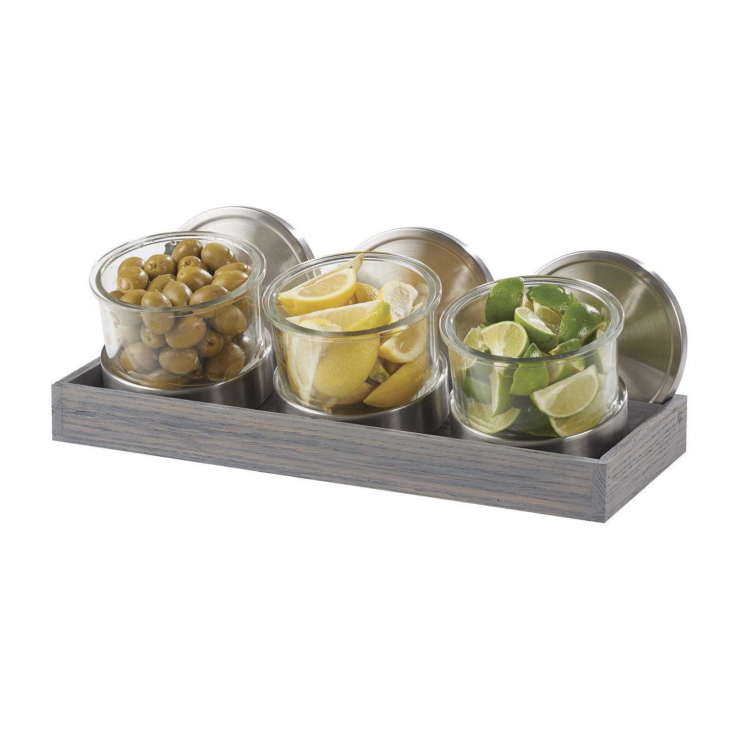 Cal-Mil 1850-5-83 Mixology Ashwood Three 32 Oz. Jar Display with Cooling Bases and Metal Lid
