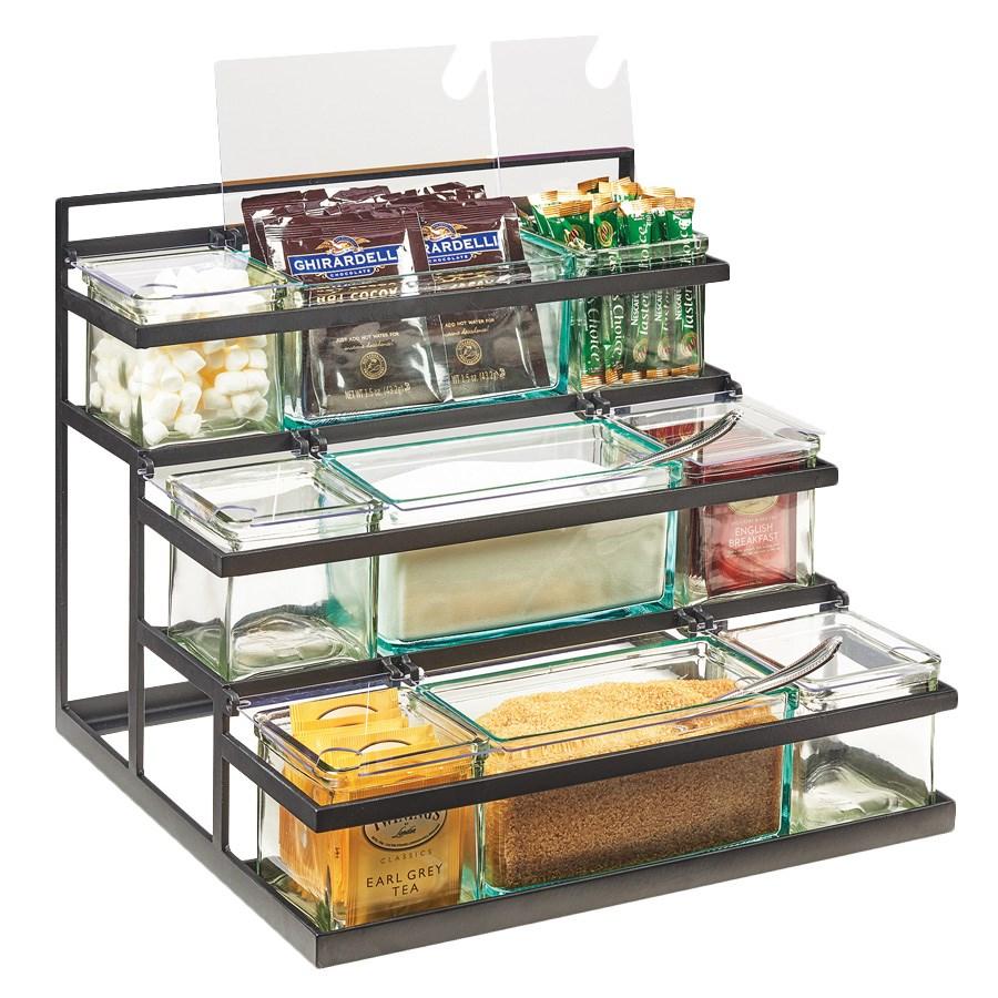 Cal-Mil 3603-13 3 Tier Condiment Jar Riser Set with (9) Jars - Metal, Black