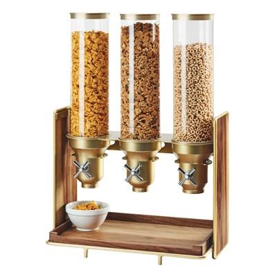 Cal-Mil 3720-46 Mid-Century Cereal Dispenser with (3) 4.5 Liter Containers - Wood Stand, Walnut/Brass