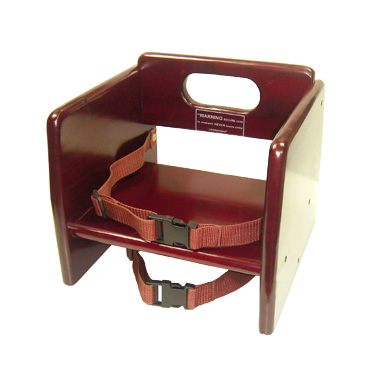 Winco CHB-703 Booster Seat, stacking, 11-3/4" x 11-3/4" x 10-1/2"H, waist and chair straps, rubberwood, mahogany finish