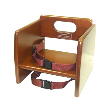 Winco CHB-704 Booster Seat, stacking, 11-3/4" x 11-3/4" x 10-1/2"H, waist and chair straps, rubberwood, walnut finish
