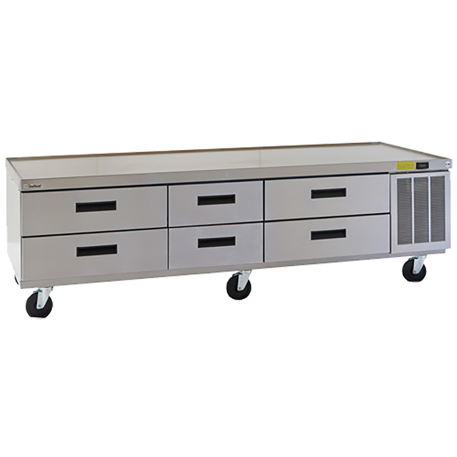 Delfield F2987CP Refrigerated Low-Profile Equipment Stand, 87-1/4" W, three-section, (6) drawers (pans not included), 1/4 hp, cUL, UL, NSF
