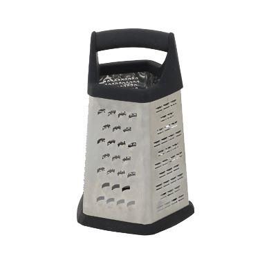 Winco GT-401 Grater, 5 sided grater (slicer/medium coarse/zester/fine/ribbon), 5"W x 5"D x 8"H, anti-slip feet, black soft grip handle, dishwasher safe, etched 18/8 stainless steel