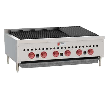 Wolf SCB36 Charbroiler, 36-1/8" W, countertop, (6) 14,500 BTU burners with standing pilots and cast iron radiants, manual gas valve controls, 87,000 BTU, NSF