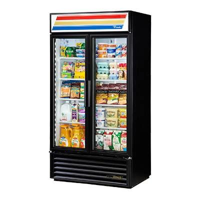 True GDM-35-HC~TSL01 Two-Section Refrigerated Glass Door Merchandiser with Swing Doors