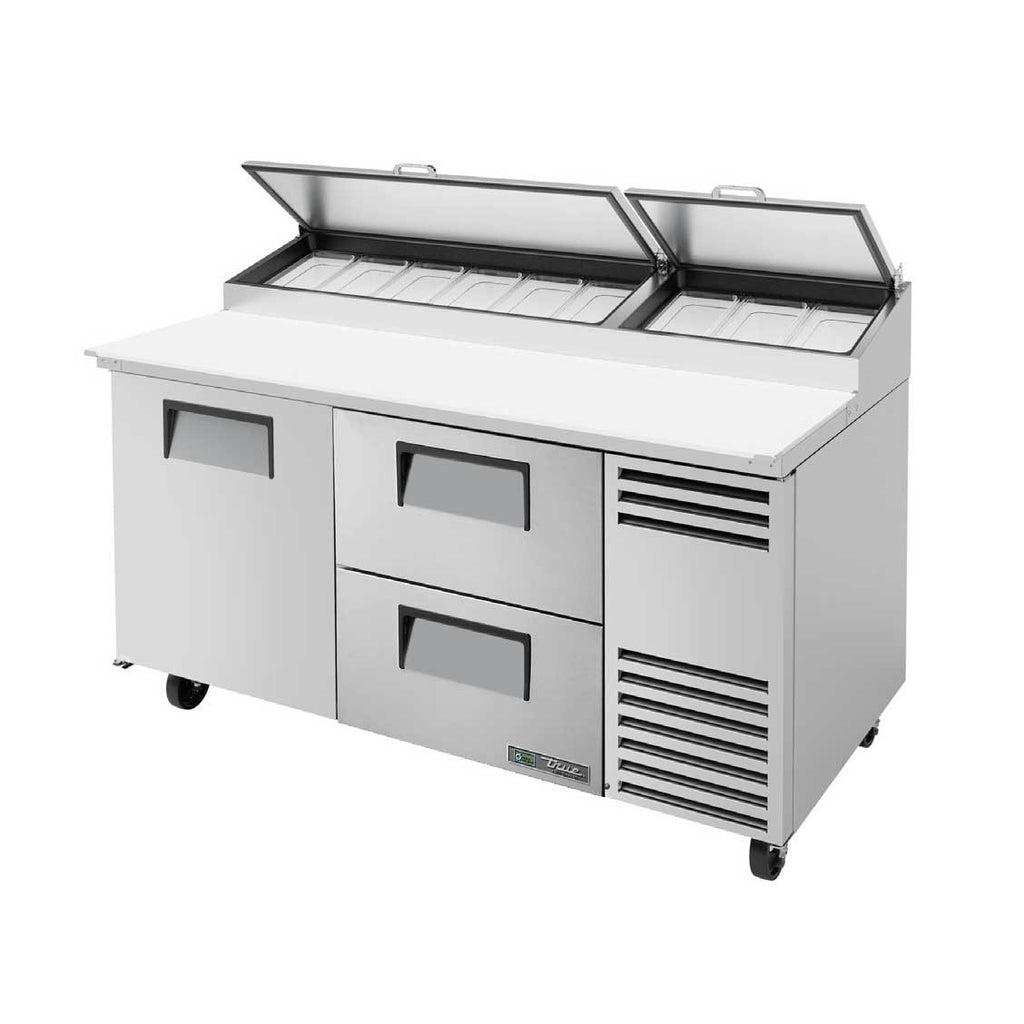 Pizza Prep, Pan Rail, Stainless Steel Cover, Cutting Board, 1 Full Door, 2 Drawers, 115v