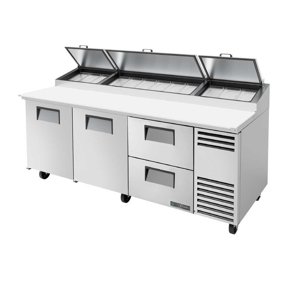 Pizza Prep, Stainless Steel Cover, Cutting Board, 2 Full Doors, 2 Drawers