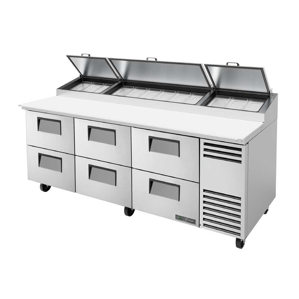 Pizza Prep, Stainless Steel Cover, Cutting Board, 6 Drawers