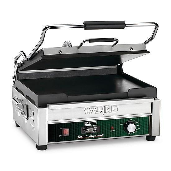 Waring WFG250T Single Commercial Panini Press, flat cast iron plates, 120v/60/1-ph