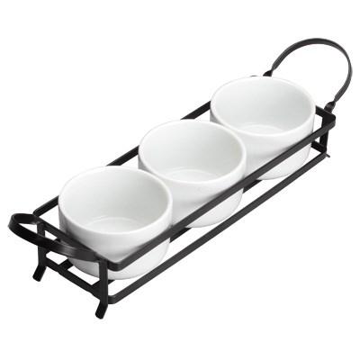 Winco WDP014-101 Newry 15" X 3-3/4" Porcelain Trio Bowl Set With Stand, Bright White